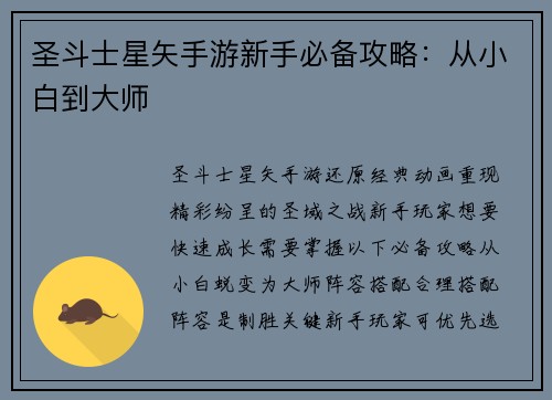 圣斗士星矢手游新手必备攻略：从小白到大师